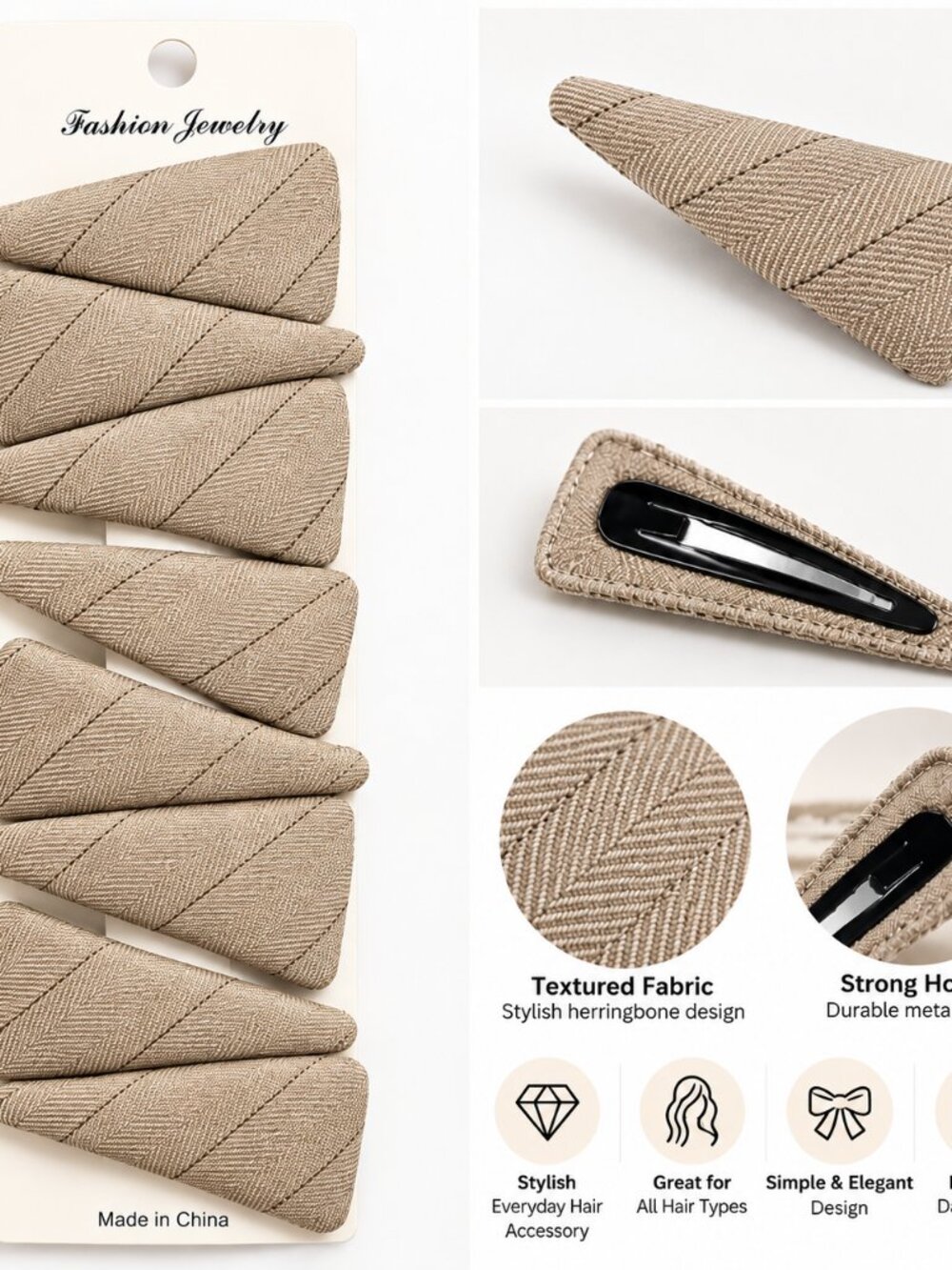 8 Pack Beige Fabric Snap Hair Clips Herringbone Triangle Barrettes